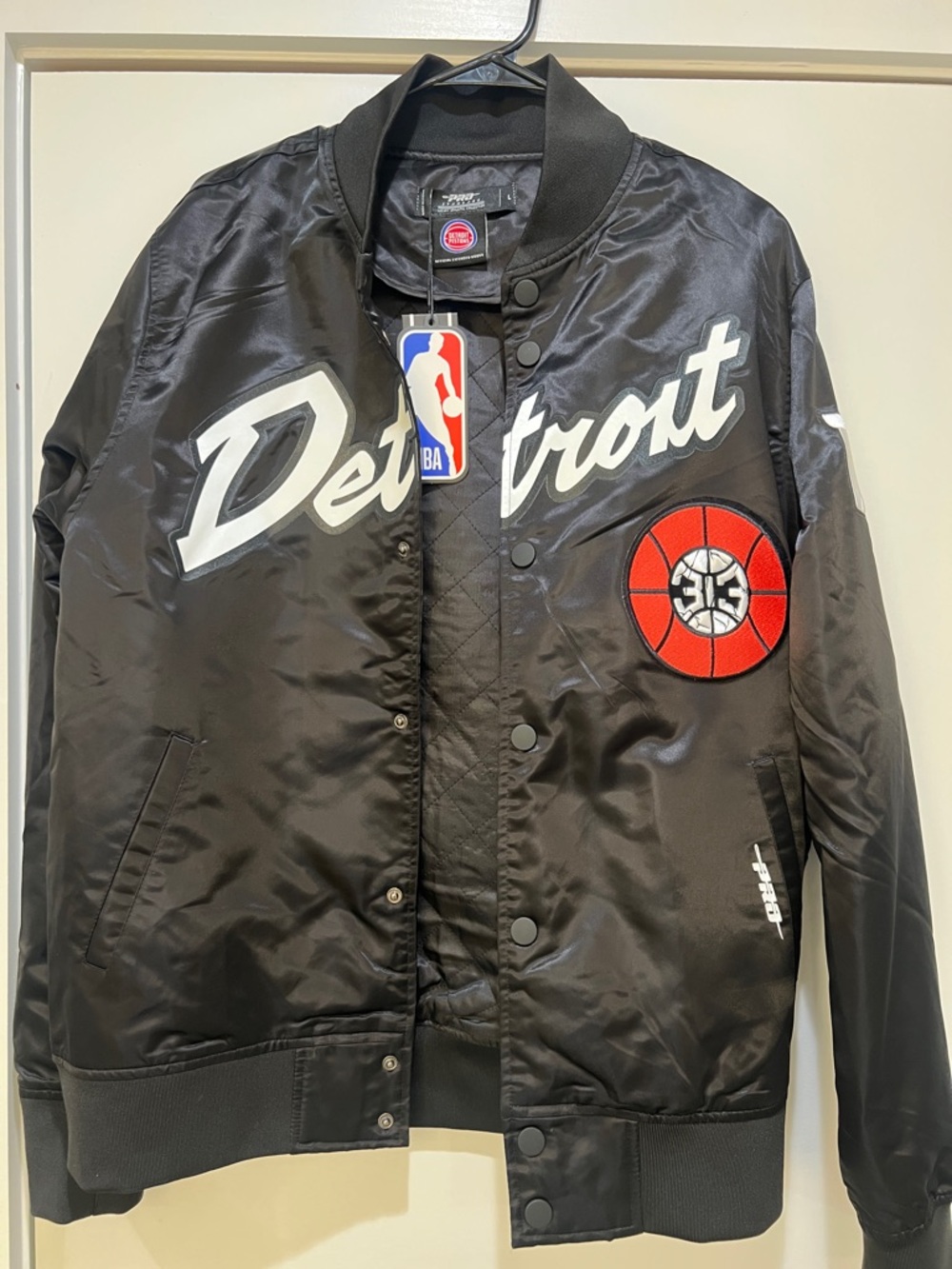 Detroit Script Satin Varsity Bomber Jacket - Black